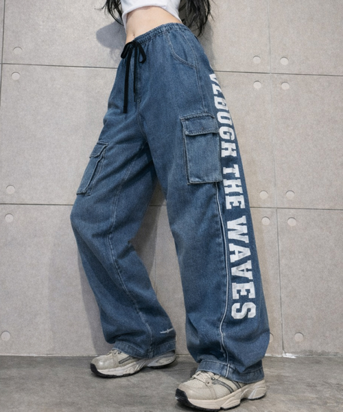 Unique1550 워싱 레터링 카고팬츠~