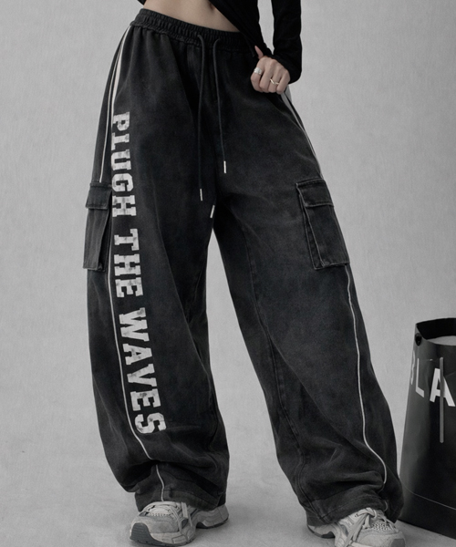 Unique1550 워싱 레터링 카고팬츠~
