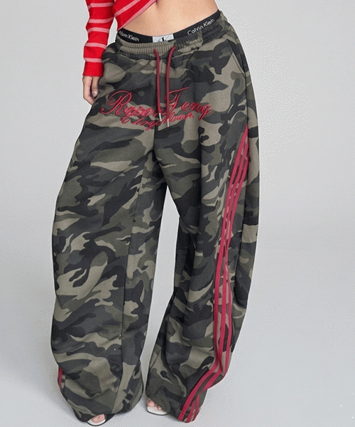 Unique1558 카모 와이드 라인 스트링팬츠~