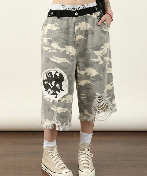 Unique1571 일러스트 빈티지 카모반바지~